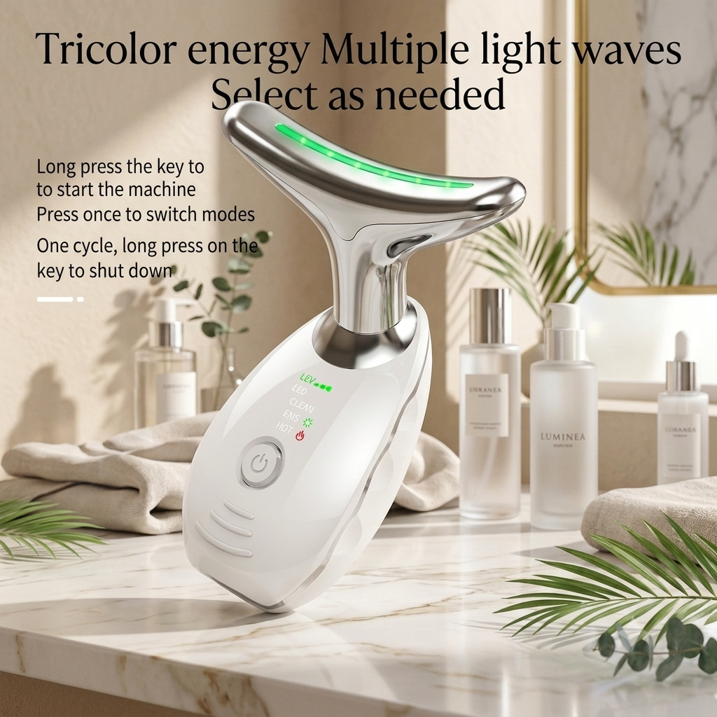 Luminéa Lift™ device displayed on a bathroom counter with skincare bottles